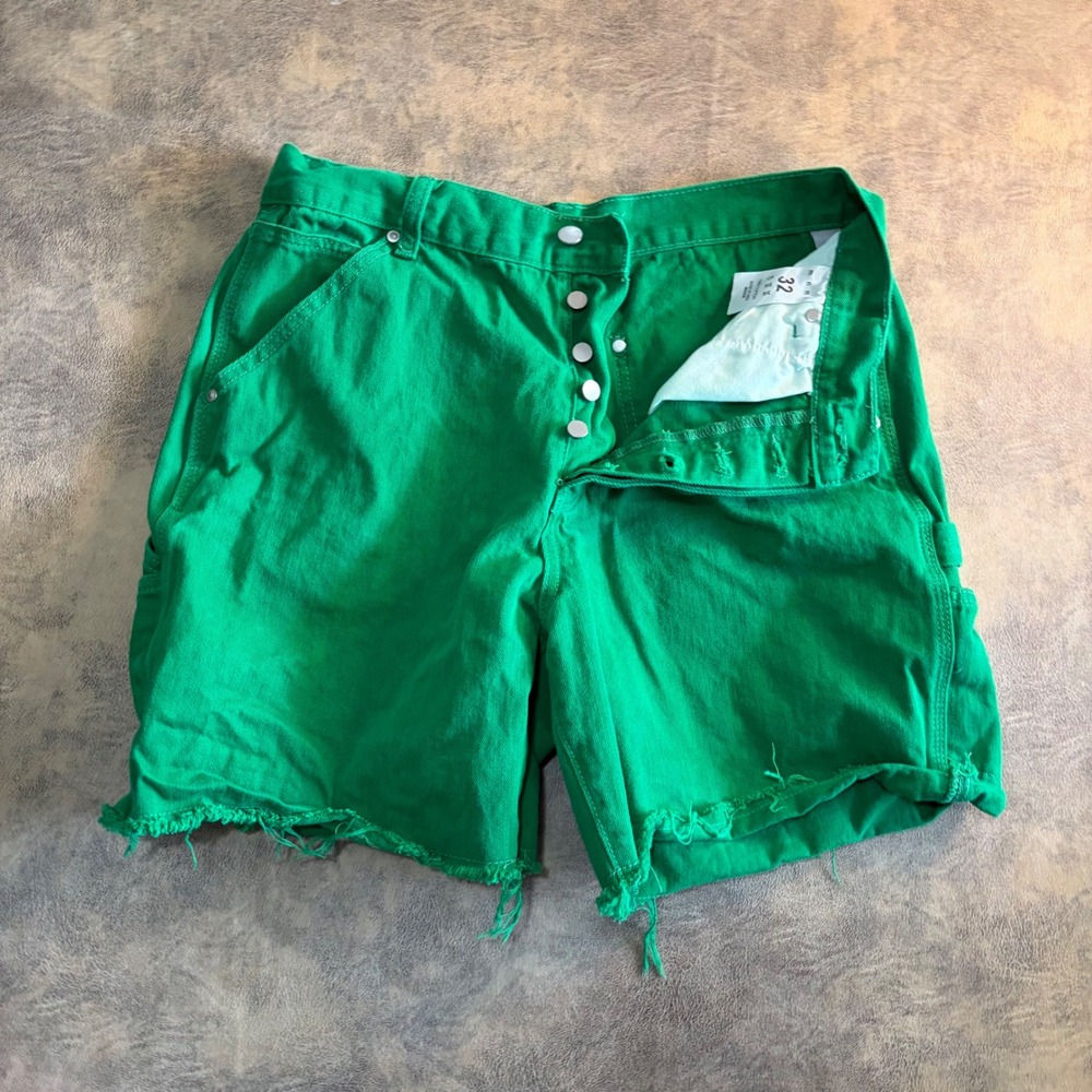 mnml Carpenter Shorts Mens 32 Green Denim Button Fly Raw Hem Utility Streetwear